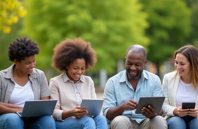 Diverse people using digital devices outdoors, illustrating digital inclusion